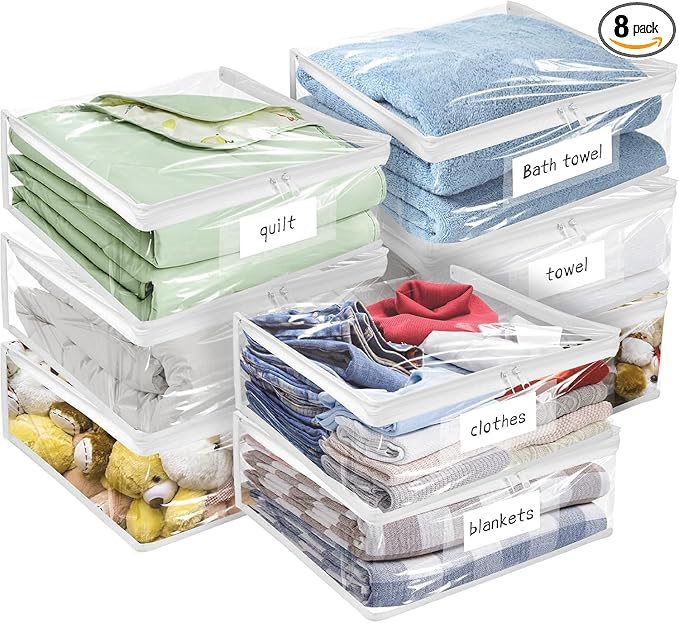 Plastic Storage Bags with Easy-Glide Zipper, Pack of 8, Durable Clear Vinyl Zippered Storage Bags for Clothes Sweaters Comforters Blankets Sheets Bedding (12 x 12 x 12 Inch)