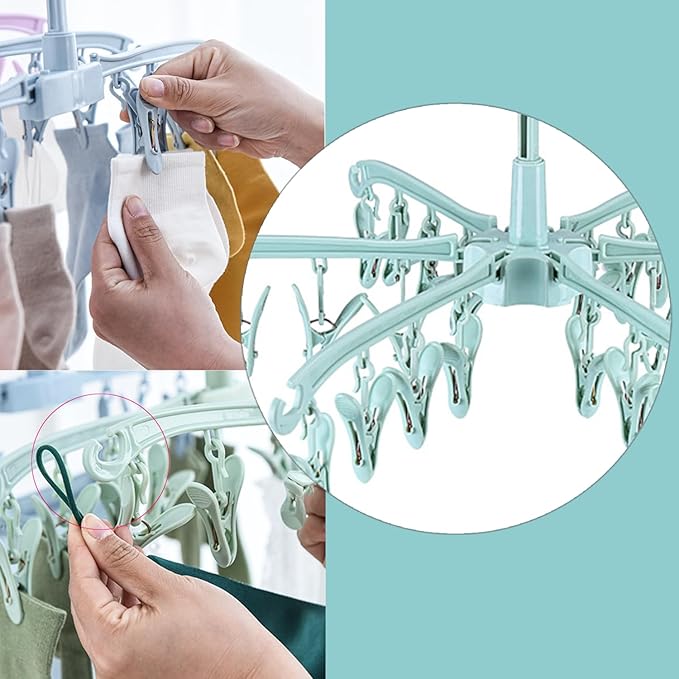 Foldable Drying Rack with 24 Clips for Drying Socks Lingerie Baby Clothes Drying Towels Rotatable Sock Drying Rack 2pcs (Green)