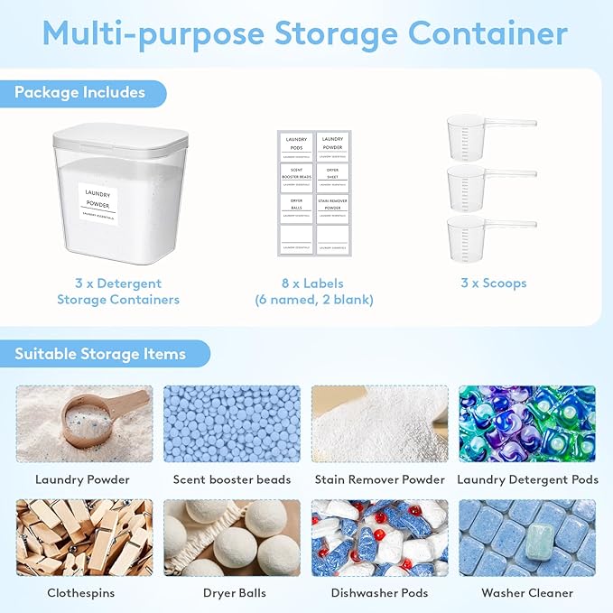 Lifewit Laundry Pods Container with Pop-up Lid, Laundry Room Organization, Dryer Sheet Holder for Washing Powder Scent Booster Beads, 2700 ml/0.72gal,3 Pcs