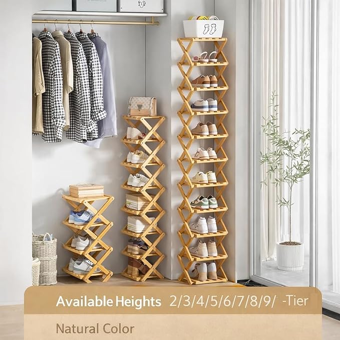 The 9-Tier No-Assembly Bamboo Rack, Folding Bamboo Shoe Rack Organizer with Collapsible Vertical Design, Space-Saving & No-Tool Assembly, for Entryways,Corners,Bedrooms,Balconies (Brown,9)