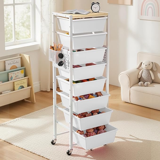 Rolling Cart with Drawers, Rolling Storage Cart with 8 Large Plastic Drawers & Wooden Tabletop, Utility Cart with Pegboards & Basket, Storage Drawers Cart for Living Room, Classroom, Bedroom, Office