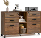 Lateral File Cabinet with Lock, Large Mobile Storage Filing Cabinet with 6 Drawers Fits Files Letter/A4 Size, Rolling Printer Stand with Open Storage Adjustable Shelf for Home Office, Brown