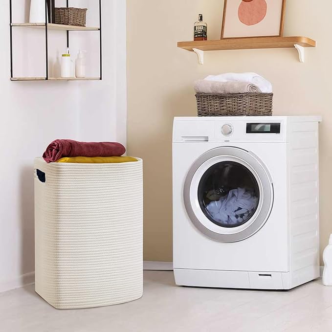 Large Laundry Hamper 16"x13"x22" - Tall Woven Laundry Basket, Cotton Rope Dirty Clothes Hamper, Baby Kids Nursery Wicker Laundry Basket, Bedroom Aesthetic, Soft Laundry Bin, White Hamper, 75L