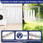 79 inches Foldable Clothes Drying Rack, Heavy Duty Stainless Steel Laundry Drying Rack for Indoor Outdoor, Clothes Rack Adjustable Length. 3 Additional Reinforcement Bars with 20 Windproof Hooks