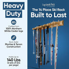 14-Place Log Ski Rack Wall Mount, Indoor Ski Storage Rack for Garage Organizers, Wooden Skis Wall Mount Storage Racks, Pole Skis Sports Racks, Garage Organization Walls - Natural