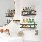 Adhesive Shower Caddy,Shower Shelves with Soap Holder and 12 Hooks,Rustproof No Drilling Bathroom Organizer and Storage,Black,3 Pack
