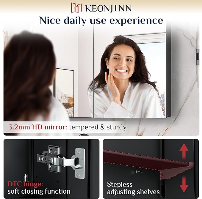 Keonjinn 36 x 24 Inch Black Medicine Cabinet, Bathroom Medicine Cabinet with Mirror, Lightweight Aluminum Structure, Assembly Required, in Wall or Wall Mount, Free Adjustable Shelves, Tempered Glass
