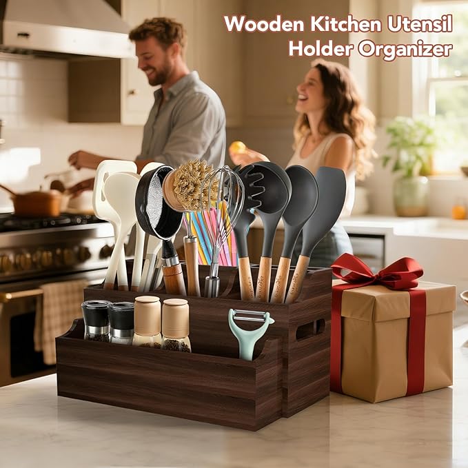 Wooden Utensil Holder for Kitchen Counter, Large Divided Utensil Crock with Removable Compartments, Farmhouse Cooking Utensil Organizer with Spoon Rest & Wall Mount Option