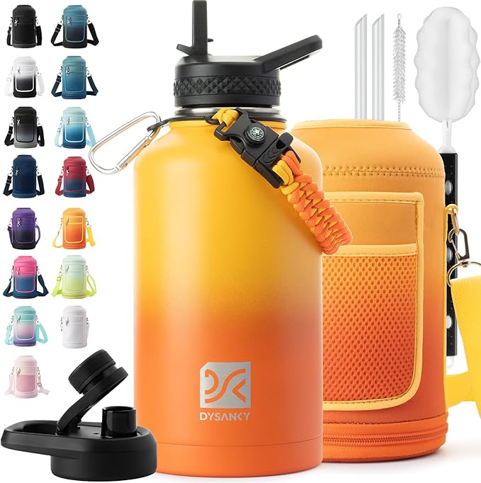 64 oz Insulated Water Bottle | Upgraded Thickened Stainless Steel Water Jug for Hiking with Straw, Carrier Bag, Handle Strap | BPA-Free 64 oz
