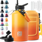 64 oz Insulated Water Bottle | Upgraded Thickened Stainless Steel Water Jug for Hiking with Straw, Carrier Bag, Handle Strap | BPA-Free 64 oz