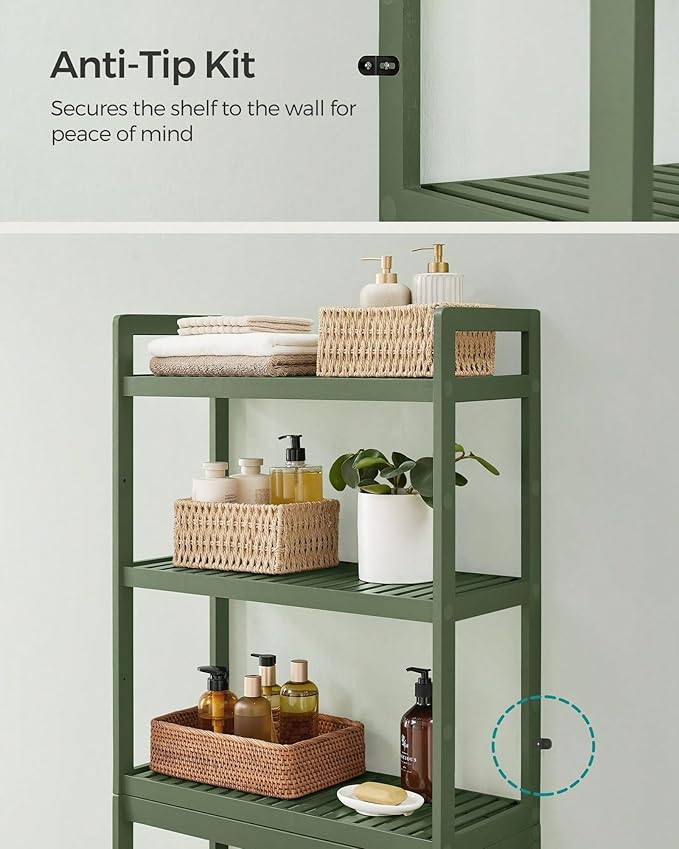 Over the Toilet Storage, 3-Tier Bamboo Bathroom Organizer with Adjustable Shelf, Space-Saving Rack, 66.9" Tall (Green)