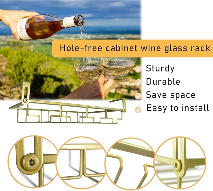 Adjustable Under Cabinet Stemware Holder - Metal Wine Glass Hanger Organizer for Kitchen, Bar, Shelf - Rustproof Hanging Storage Rack for 6-8 Glasses - Space Saving Decor (Gold, 4 Rows)