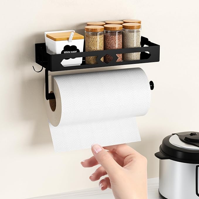 Paper Towel Holder Wall Mount for Kitchen, Easy One-handed Operation Design, Self Adhesive Paper Towel Holder with Shelf for Bathroom, RV Paper Towel Rack Paper Roll Holder with 2 Hooks, Black