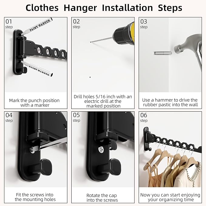 Wall Mounted Clothes Hanger Rack Folding Wall Mounted Clothes Hanger for Laundry with Swing Arm Space Saving Closet Storage Organizer Heavy Duty Coat Hook for Bathroom Bedroom Black 2-Pack