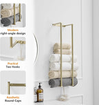 BWE Brushed Gold Towel Racks for Bathroom, 28" Stainless Steel Bathroom Towel Holder for Rolled Towels, Wall Mounted Towel Storage for Bathroom with 2 Hooks, 6 Large Bath Towels Capacity