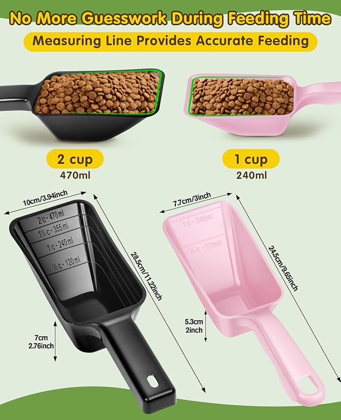 2 Pack Dog Food Scoop with 1 Cup and 2 Cup Capacity, Plastic Pet Food Measuring Scoops with Clear Measurement Lines for Dogs, Cats & More,Dishwasher safe (Pink and Black)