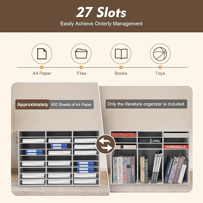 27 Compartments Literature Organizer with Adjustable Stackable Shelves, Doorless File Classification Cabinet, Office Classroom Mailbox with Anti-Slip Pads for Home Office School, White