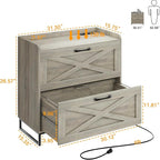 File Cabinet 2 Drawers, Lateral File Cabinet with Charging Station for Letter/Legal/A4 Size Hanging Files, Large Wood File Storage Cabinets Printer Stand for Home Office, Washed Gray