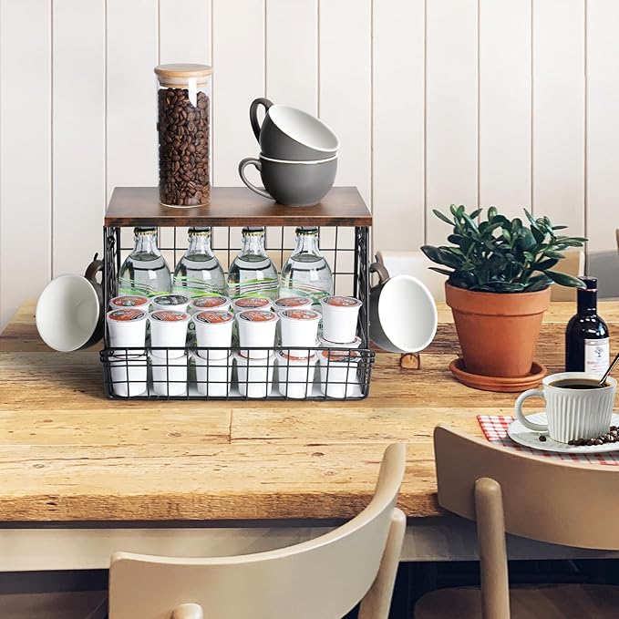 Fruit Basket for Kitchen Counter, Fruit Bowl Stackable Wall Mounted Hanging Fruit Basket Wire Basket with Wood Lid with Banana Hanger Hooks, Onion,Potato,Fruit and Vegetable Storage