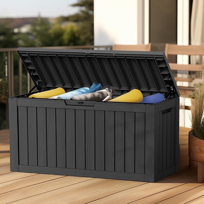 85 Gallon Outdoor Waterproof Resin Storage Deck Box Lockable Outside Bench UV Resistant Bin Patio Porch Furniture Pool Float Garden Tool Cushion Black