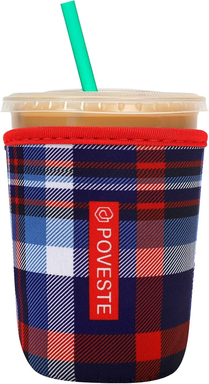 Reusable Neoprene Insulator Sleeve for Iced Coffee & Cold Soda, Coffee Sleeves for Iced & Hot Drinks, Cold Beverage Cooler Compatible with Starbucks, Dunkin (Scottish Plaid, Small: 16-18oz)