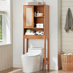 LEYAOYAO Over The Toilet Storage Cabinet with Rattan Sliding Door, 68" Tall Wood Above Toilet Bathroom Organizer w/Adjustable Shelf & Curved Profile, Space Saver Freestanding Washer Shelf