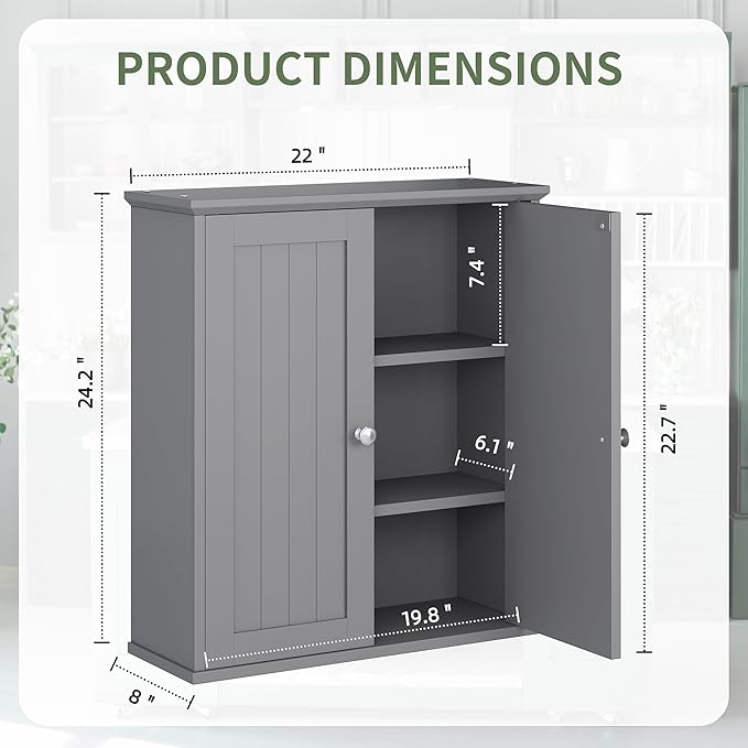 Meilocar Bathroom Wall Cabinet, Bathroom Cabinet Wall Mount, Over Toilet Space Saver Storage Cabinets Wall Mounted, Wood Medicine Cabinets with Doors, Grey