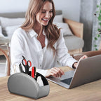 Fintie Remote Control Holder, 5 Compartments Vegan Leather TV Remoter Caddy Desktop Organizer Makeup Brush Holder Storage Fits TV Remotes, Media Controllers, Office Supplies(Silver Gray)