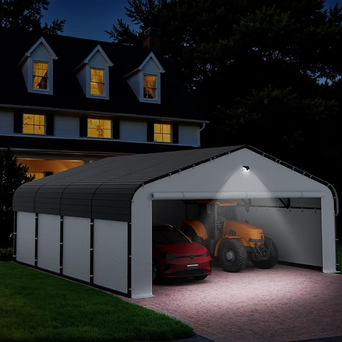 Carports Canopy Heavy Duty, Fully Enclosed Metal Garage with Sidewalls (20x20, White)