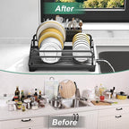 Dish Drying Rack for Kitchen Counter, Large Dish Drying Rack with Utensil Holder & Cutlery Tray, Dish Drainer with Drainboard, Black