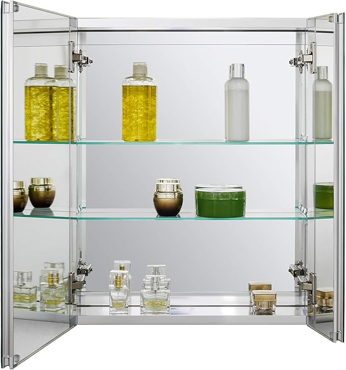Fundin Bathroom Wall Mount Cabinet with Two Glass Shelves, 20 x 24 Inch Recess or Surface Mount Medicine Cabinet, Frameless Mirror Door Cabinet