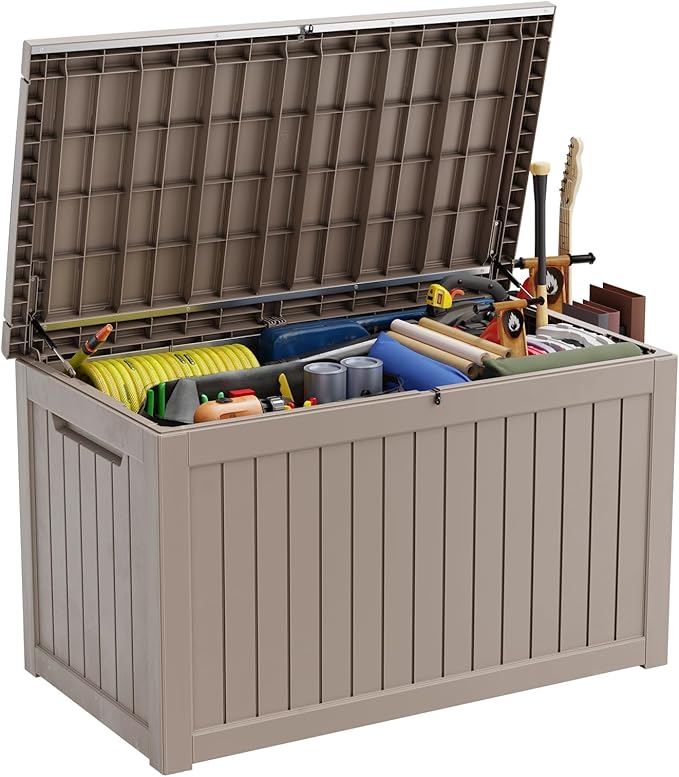 280 Gallon Deck Box Outdoor, Waterproof Outdoor Storage Boxes with Lids, Outside Resin Lockable Storage Box for Patio Cushions, Garden Tools(Grey)