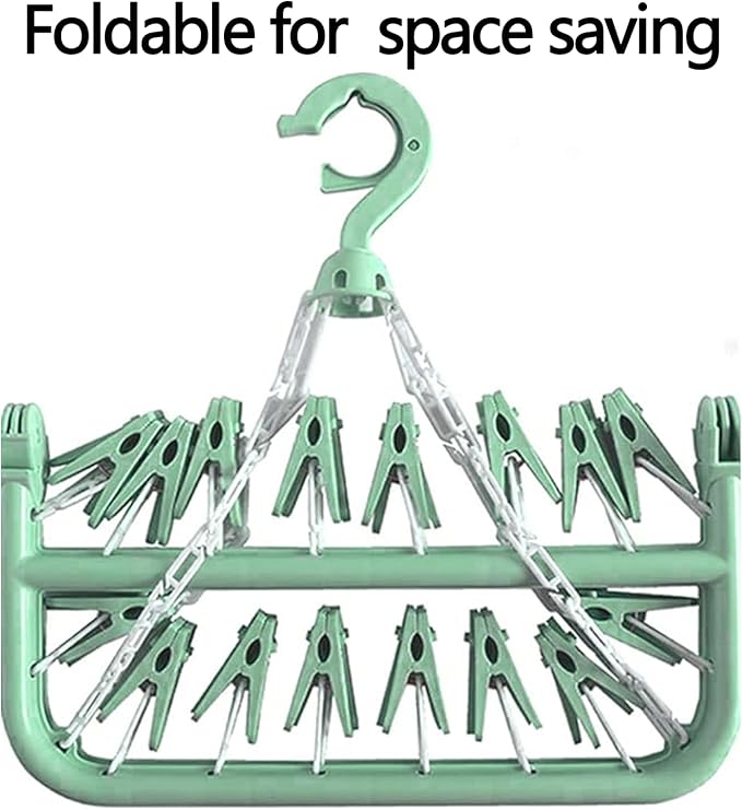 Clothes Drying Hanger with 32 Clips and Drip Foldable Hanging Rack (Light Green)