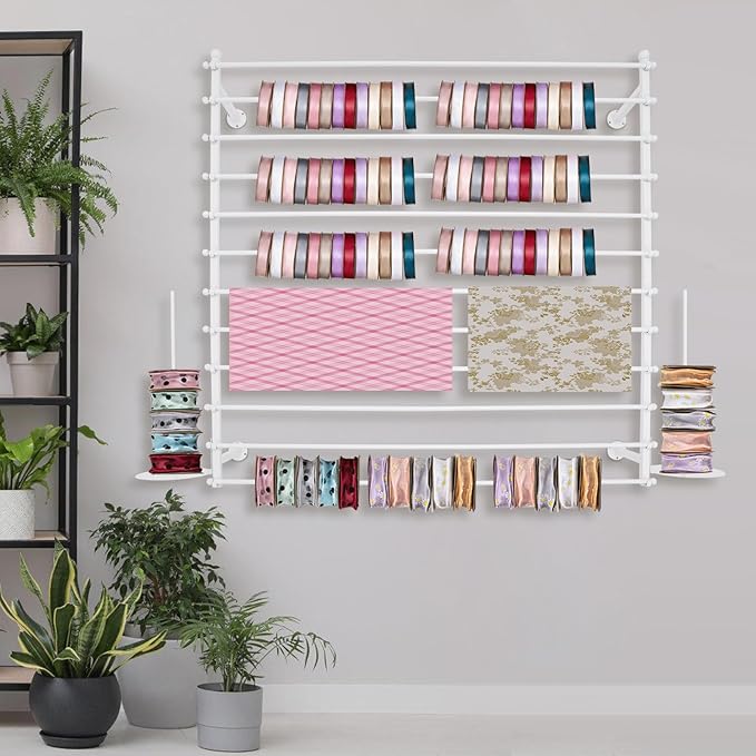 Heavy Duty Iron Ribbon Organizer Rack Wall Mounted, 12-Rod Modern Metal Craft Organizer for Ribbons, Wrapping Paper, Vinyl Rolls, Space Saving Storage Rack for Florist, Home (White)