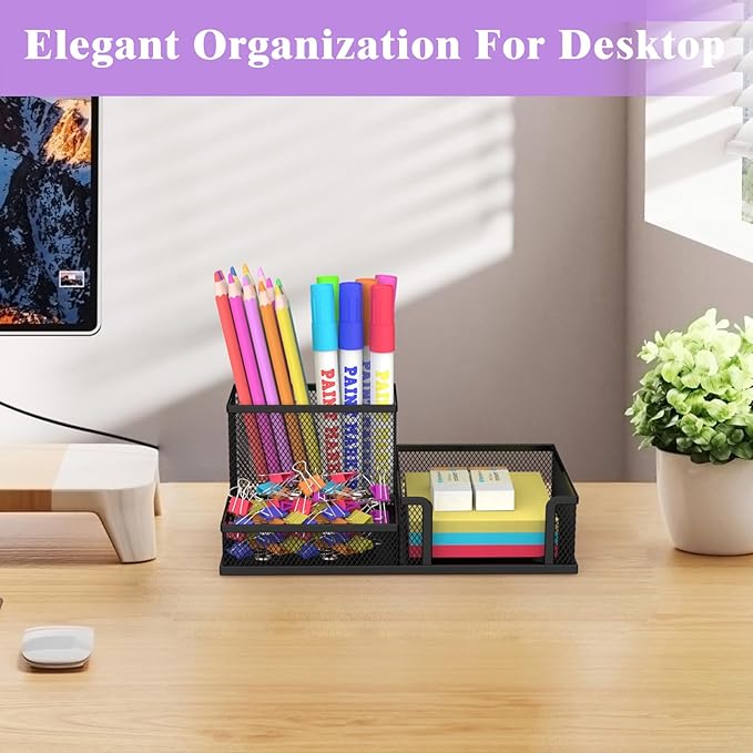 SUPEASY Pen Holder Desk Organizer, Office Supplies Pencil Holder with 3 Compartments, Desk Accessories and Workspace Organizers for Home School, Black