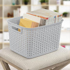 Sterilite 12-Pack Tall Weave Basket, Wicker-Style Plastic Open Storage Bin, Cement Gray - Multi-Purpose Decorative Organizer for Laundry Area, Shelves, Closets, Pantries, Living Rooms or Offices