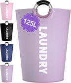 Super Large Laundry Basket with Handles, 125L Foldable Dirty Clothes Hamper for Adult, Stand-alone Laundry Hamper in 600D Oxford Fabric, Purple Storage Basket for Family, Guest House,Purple