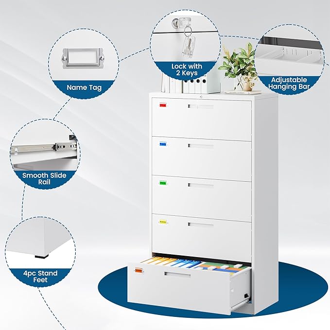 5 Drawer File Cabinet, Lateral Filing Cabinets for Home Office, Office Storage Drawers with Lock, Hanging Files Legal/Letter A4 Size (Assemble Required,White)