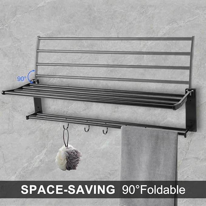 Towel Racks for Bathroom Wall Mounted, 24 Inch Foldable Towel Holder with 5 Movable Hooks,Rustproof Towel Organizer for Bathroom Lavatory Hotel Bath Matte Black