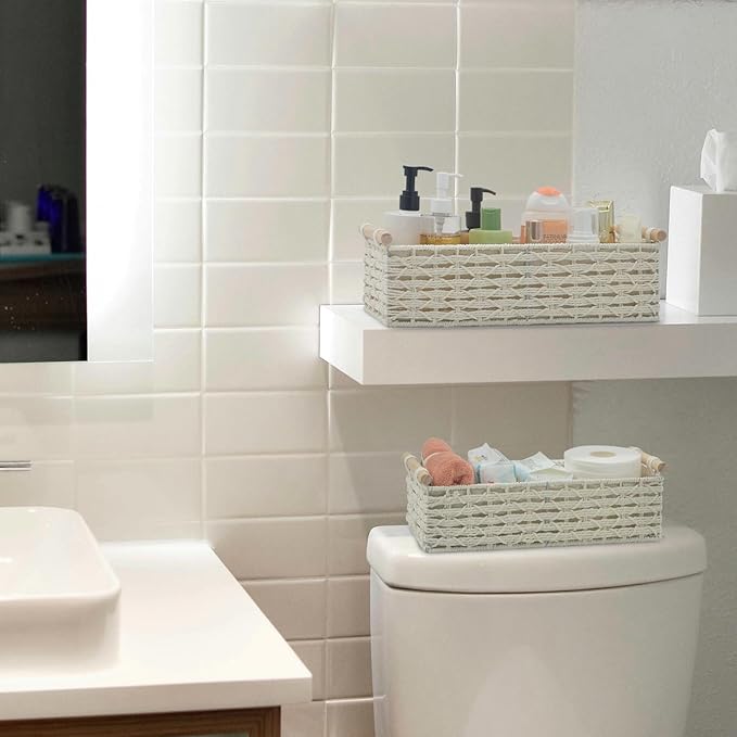 Toilet Paper Baskets for Organizing[2 pack],Paper Rope Wicker Storage Basket with Handle, Bathroom Basket for Bedroom, Nursery, Living Room.(white)