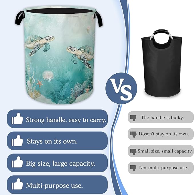 Sea Turtles Laundry Basket,Foldable Oxford Cloth Jellyfish Coral Laundry Hamper with Handles, 20.8"x16" Tote Bag Clothes Storage Bucket for Laundry Room/Bathroom/Bedroom/Dormitories