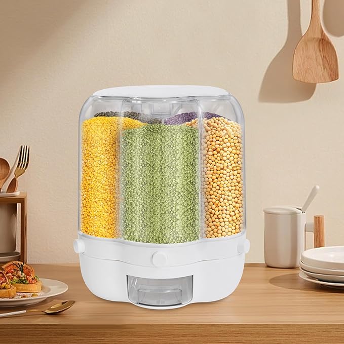 Rice Dispenser, 6 Grid 360° Rotating Rice Container Cereal Dispenser with Lid, Grain Storage Organizer Holder for Kitchen Countertop Dry Food, White, 12.5kg/28lbs