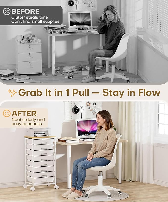 Homde Rolling Storage Drawer Cart: 8-Drawer Sort to Clear Desk & Dresser Clutter - Anti-Fall Smooth Glide Prevents Spill-Out During Daily Grab - Lockable Wheels Keep It Steady
