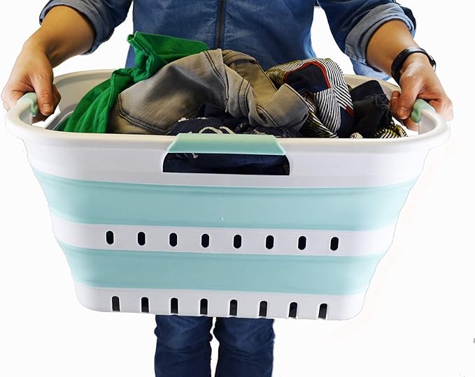 SAMMART 30L (8 Gallon) Collapsible 3 Handled Plastic Laundry Basket - Foldable Pop Up Storage Container/Organizer - Space Saving Hamper/Basket (White/Lake Green)