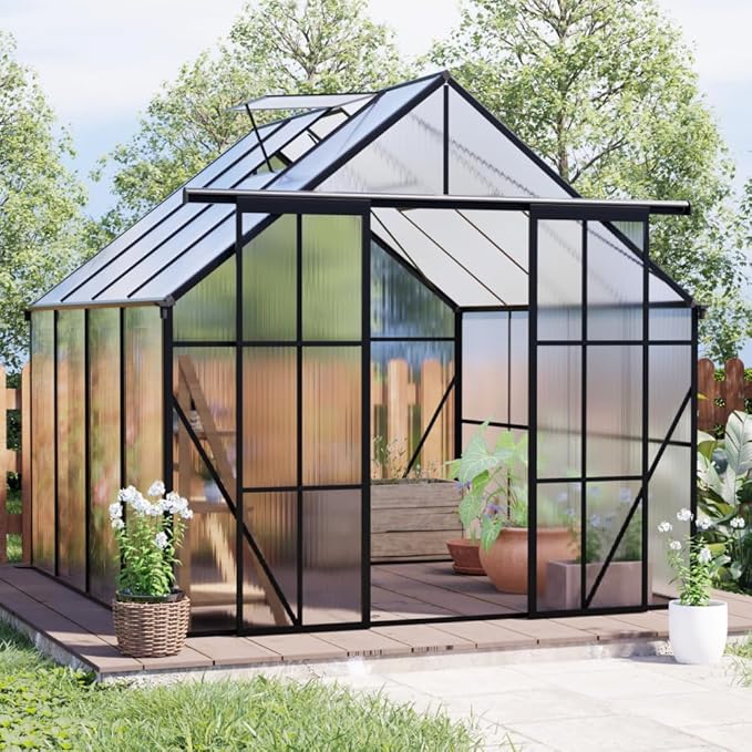 Heavy-Duty Walk-in Polycarbonate Greenhouse with Dual Sliding Doors, Adjustable Roof Ventilation, and Galvanized Steel Base for Year-Round Outdoor Gardening (Black 8*8FT)