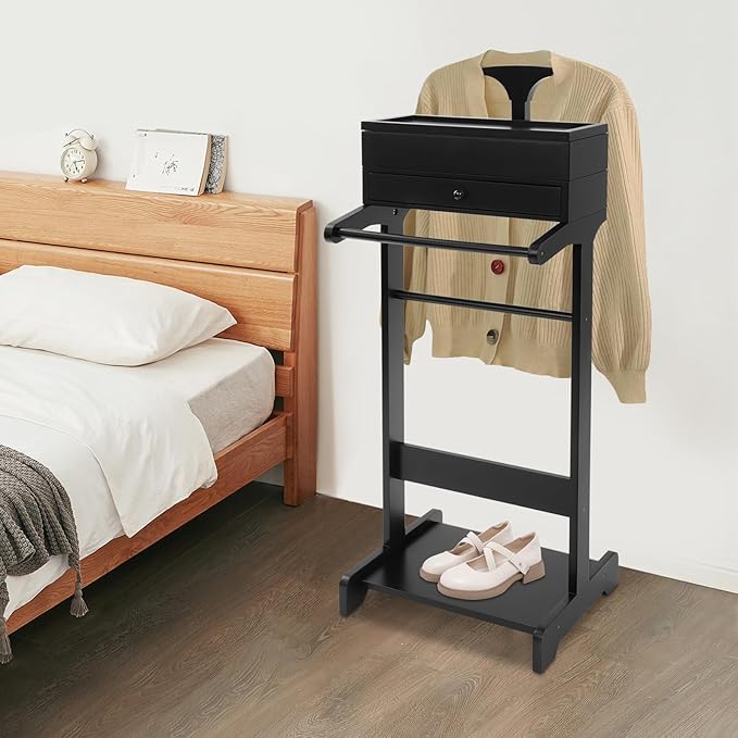 Bathrena Suit Valet Stand for Bedroom, Hotel Valet Clothes Rack Organizer with Hanger & Shoe Rack, Wooden Garment Valet Stand for Suits, Pants, Ties, Belts, Black.