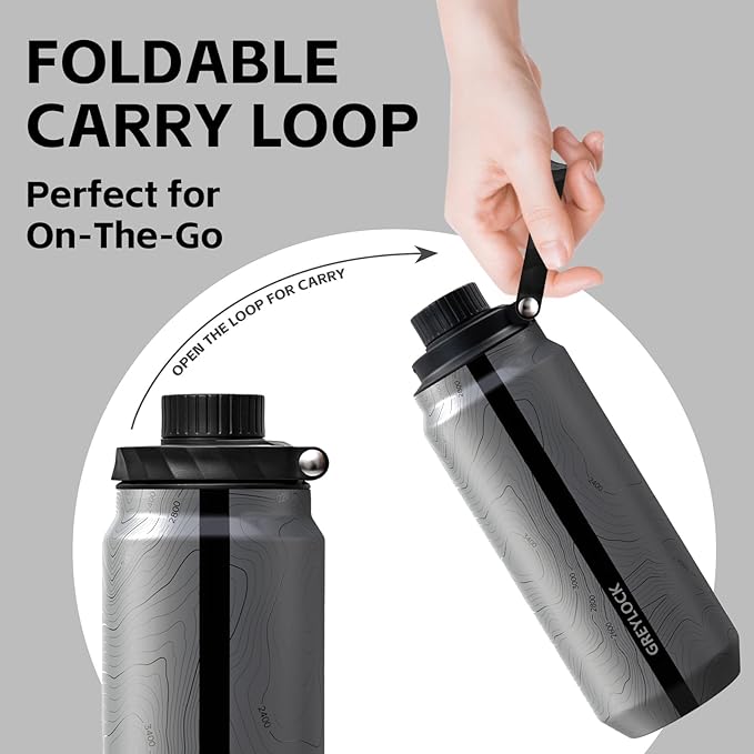 Greylock 20 oz Insulated Water Bottle with Straw Lid, Reusable Stainless Steel Sports Water Bottles with Foldable Handle, Leak Proof, Double-Wall Vacuum Insulation, 24 Hours Cold (Mapmaker's Muse)