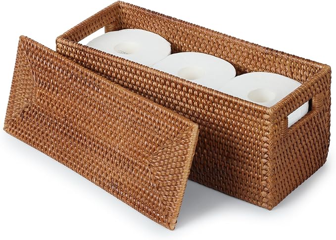 YANGQIHOME Toilet Paper Basket, Rattan Toilet Tank Basket for Bathroom, Wicker Baskets with Lid for Storage, Brown