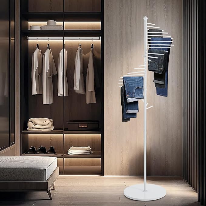 67" Freestanding Scarf Organizer, Spiral Scarf Display Rack with 30 Rods Metal Hijab Organizer Commercial Hijab Hanger Belt Pants Hanger for Shopping Mall Clothing Store Home (White)