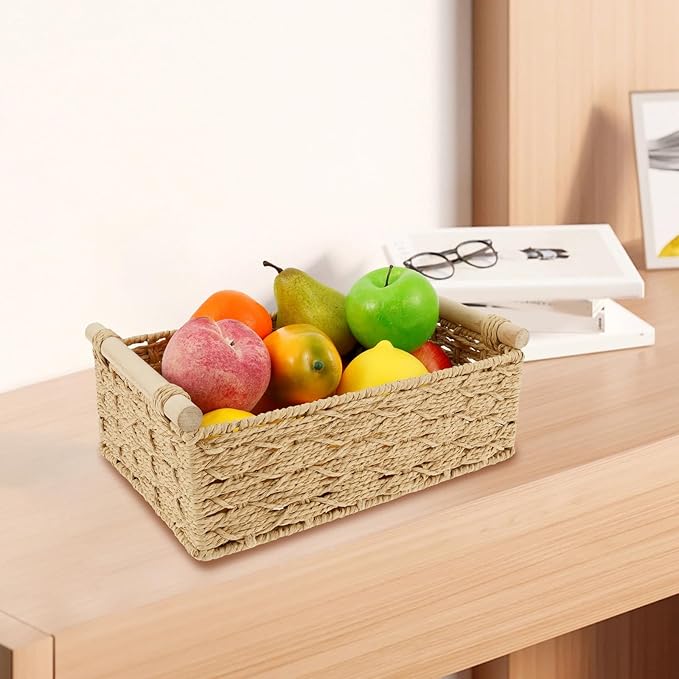 4PCS Toilet Paper Basket Decorative Woven Basket with Wood Handle Multipurpose Toilet Paper Bin for Home Bathroom Living Room Office